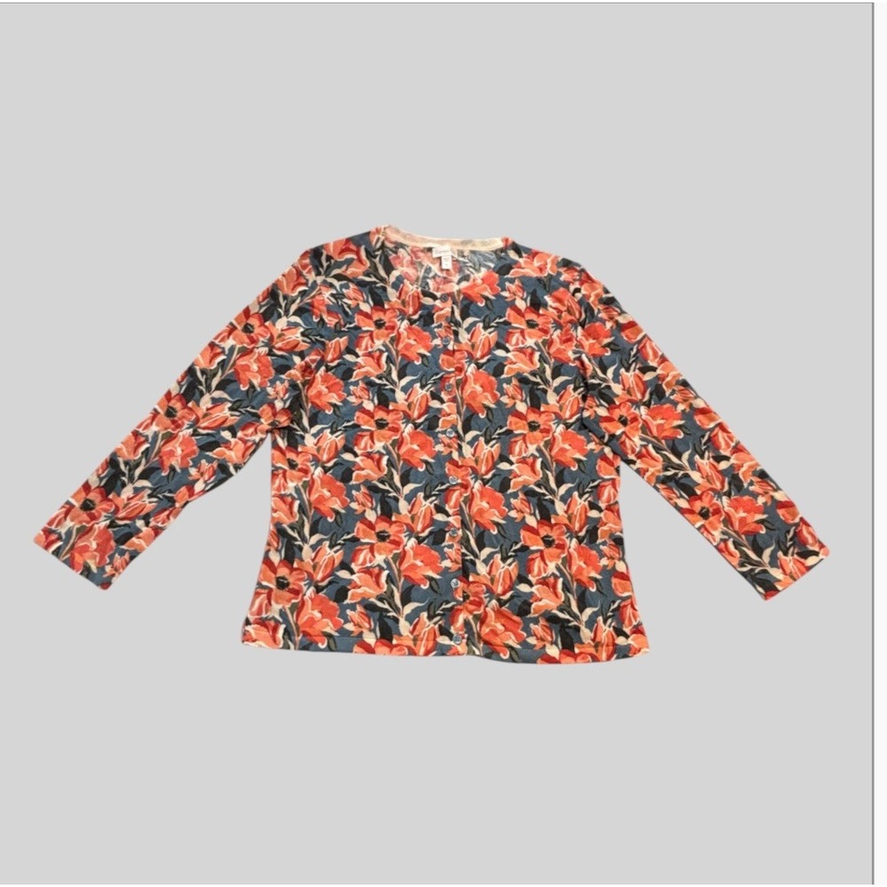 Garnet Hill Women's XL 100% Merino Wool Floral Button Front Cardigan Layer